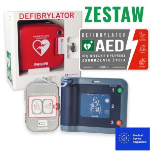 ZESTAW: Defibrylator AED Philips FRx Standard w torbie + Szafka AED wewnętrzna metalowa mała + Tablica AED wewnętrzna do szafki