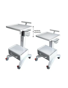 Wózek pod aparaturę medyczną z regulacją wysokości: 1x blat 450x400 mm z wys. dwustronnie blatem HPL, 1x szuflada 450x320x155 mm