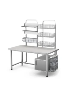 Stół do pakietowania PAK-1/140 - 1400x700x800 mm: 3x kosz, 2x półka, 1x nadstawka, 1x stelaż na worki
