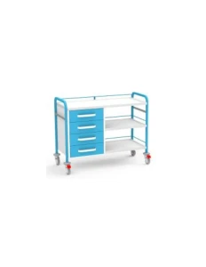 Stolik zabiegowy STKO-04/D: 1x półka, 1x szafka z 4 szufladami, 2x półka